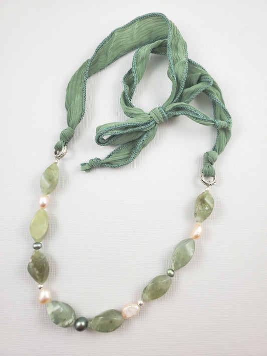 Sage Green Jade and Pale Pink Freshwater Pearl Silk Ribbon Necklace