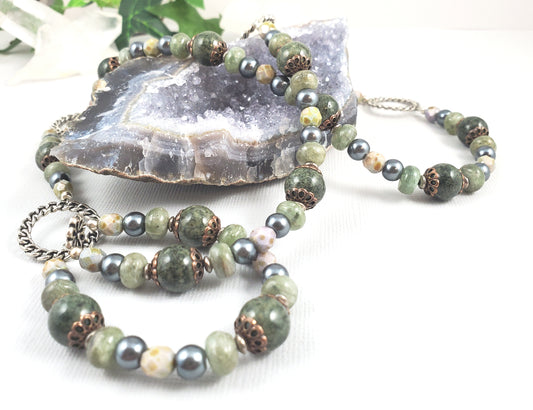 Green and Silver Opera Length Kyanite and Czech Glass Necklace