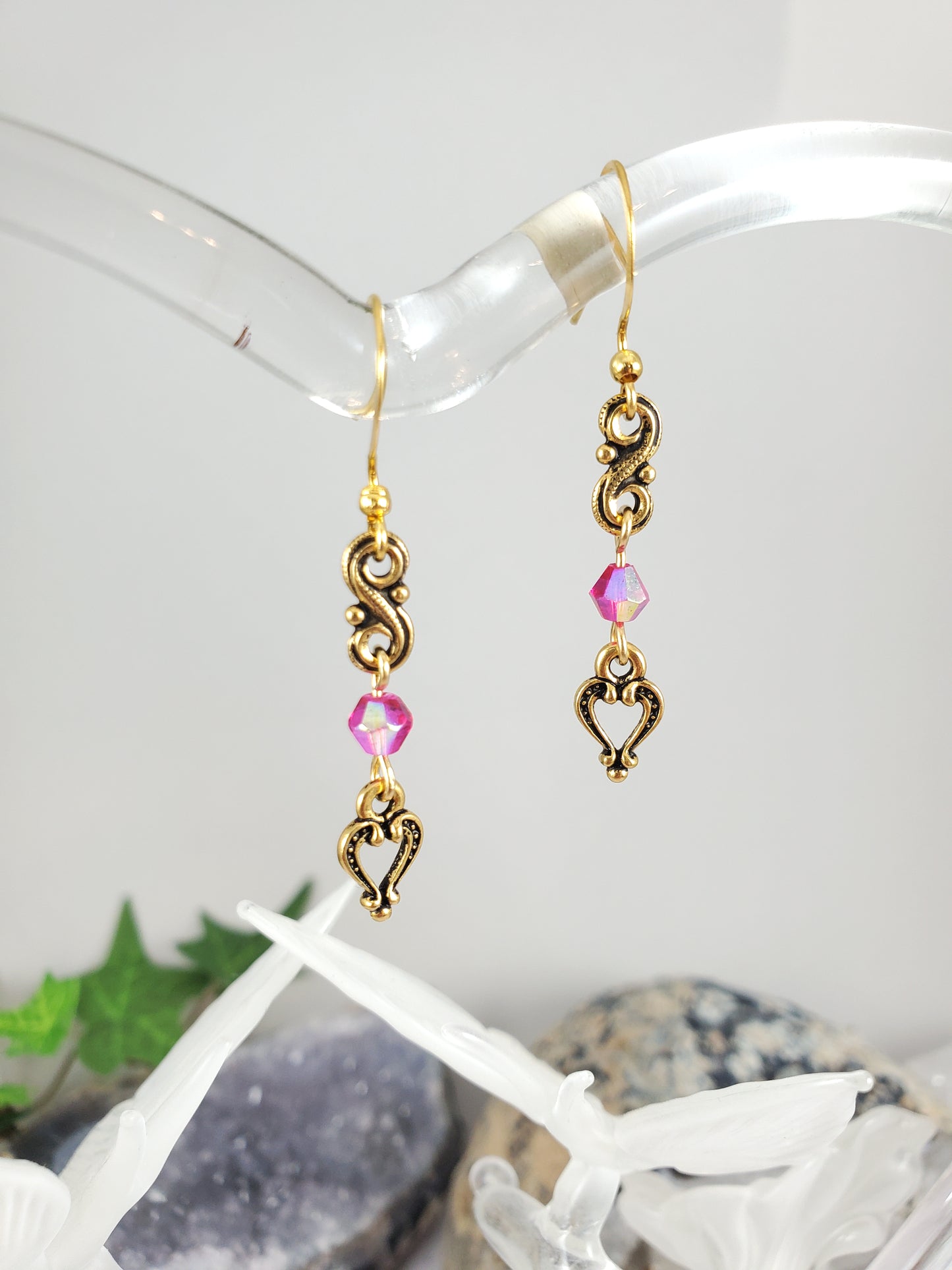 Dainty Pink and Gold Scroll and Heart Dangle Earrings