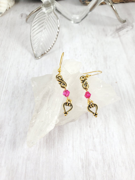 Dainty Pink and Gold Scroll and Heart Dangle Earrings