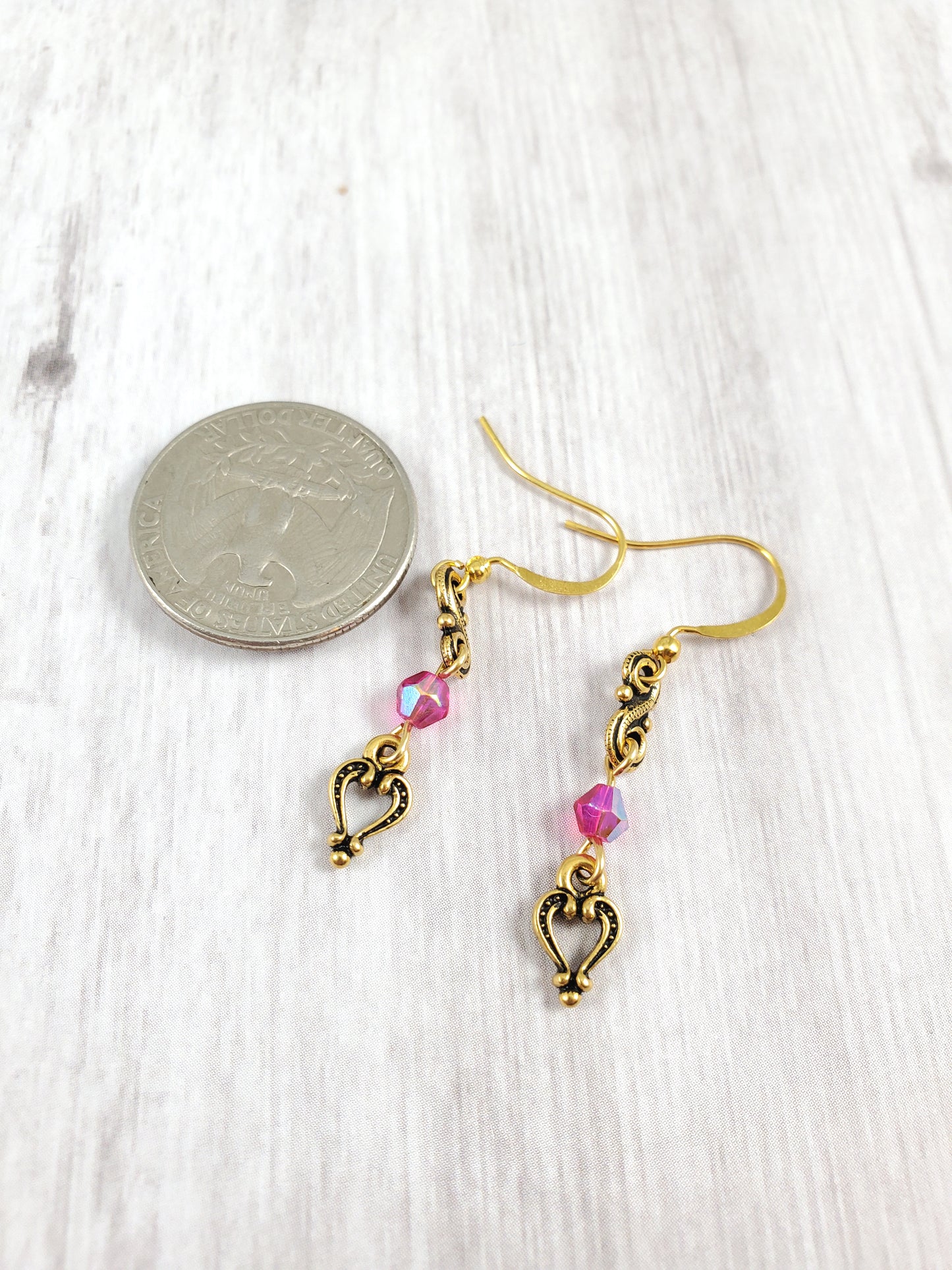 Dainty Pink and Gold Scroll and Heart Dangle Earrings