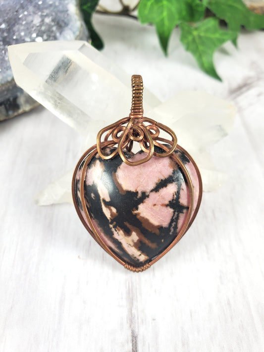 Pink and Brown Rhodonite Heart Strawberry Pendant