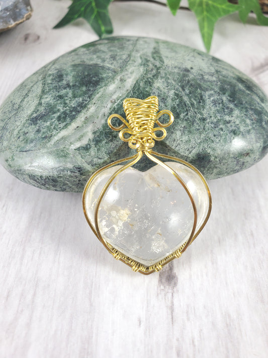 Champagne Gold Wrapped Clear Quartz Heart Pendant
