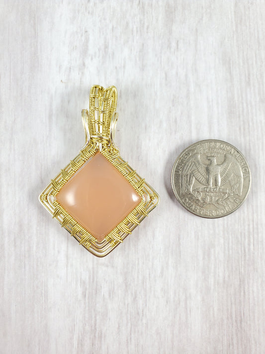 Square Pink Chalcedony Pendant Wrapped in Gold Wire