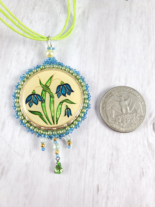 Bead Embroidered Enameled Blue Flower Focal with Green and Blue Accents