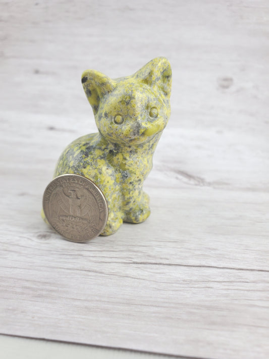 Adorable Green Speckled Sitting Kitty Cat Carving Sculpture