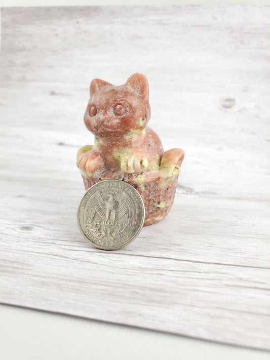 Pink Kitty Cat in a Basket Sculpture Carving