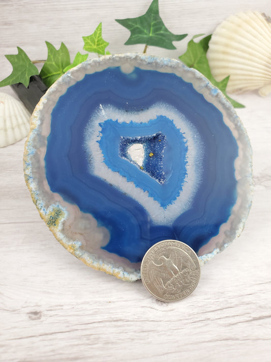 Bright Blue Dyed Agate Slice with Sparkly Geode Center