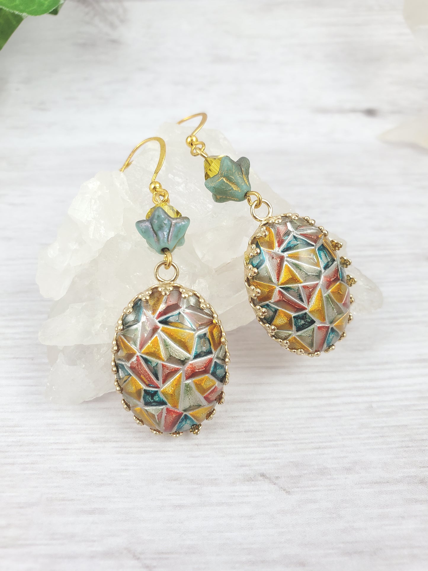 Colorful Mosaic Oval Dangle Earrings