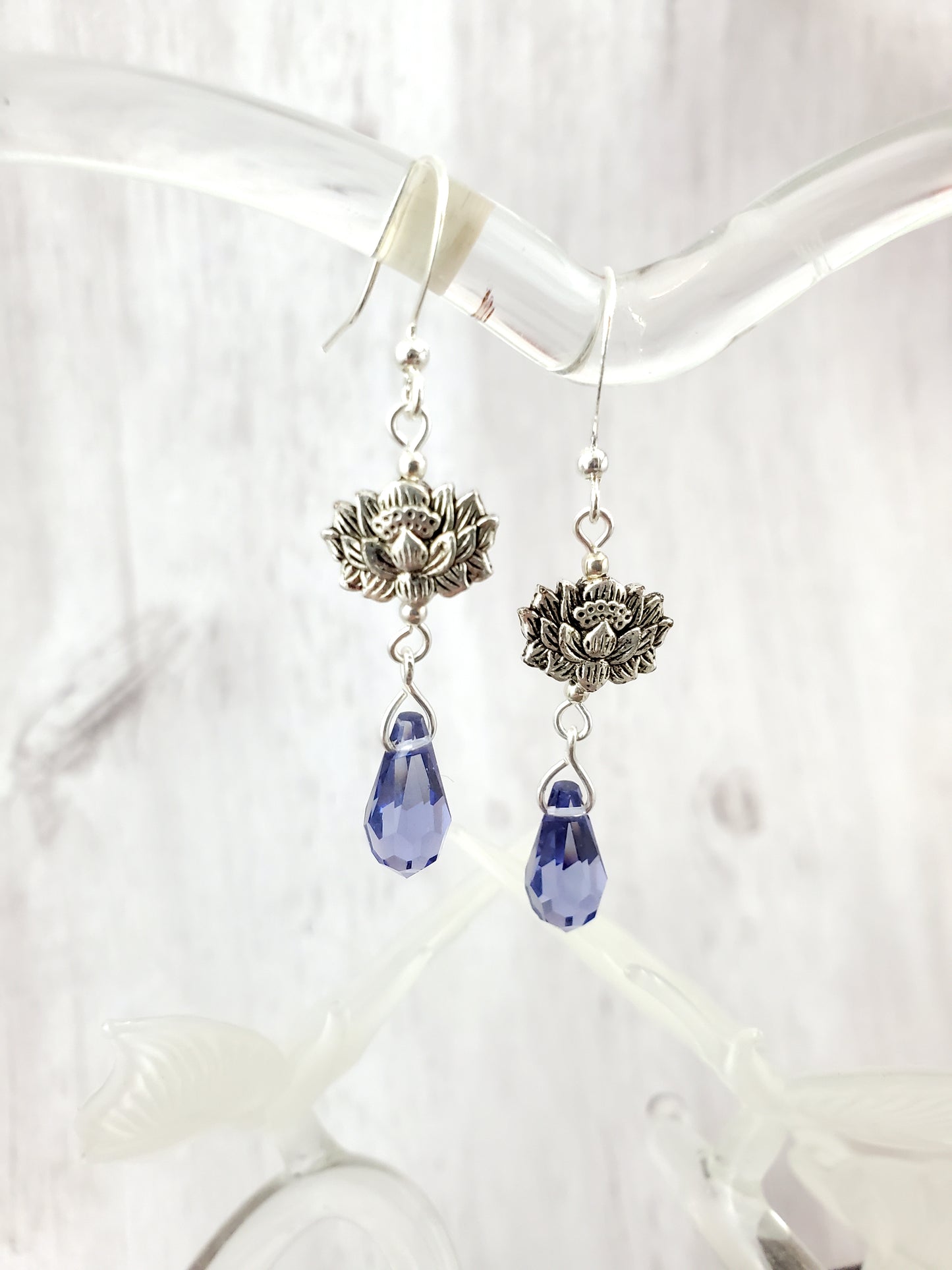 Blue Crystal Briolette and Silver Lotus Dangle Earrings