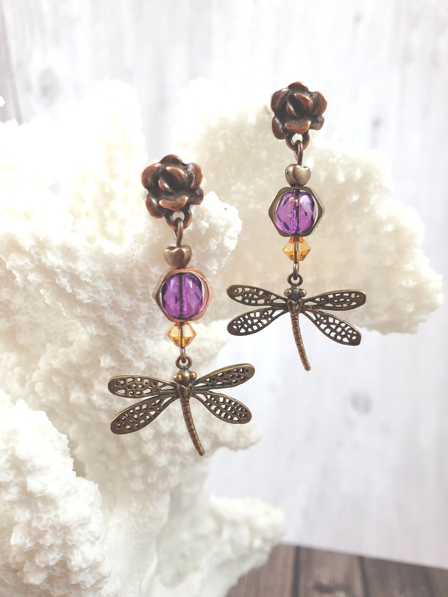 Purple and Bronze Dragonfly Stud Earrings
