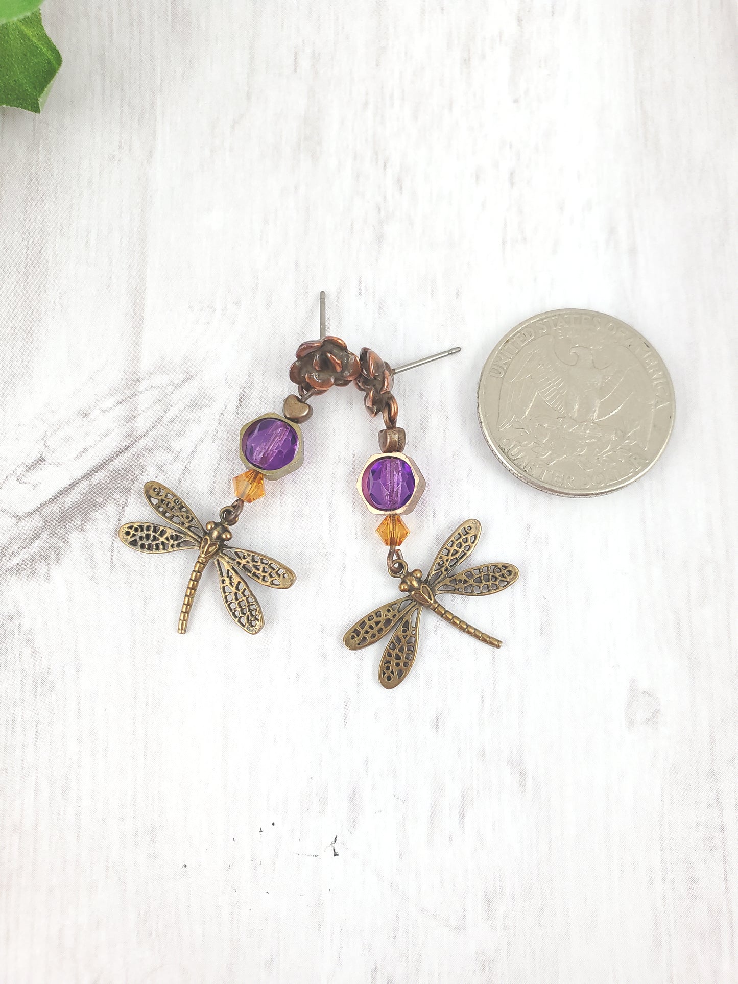 Purple and Bronze Dragonfly Stud Earrings