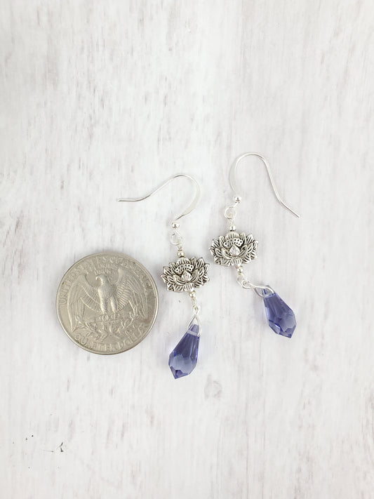 Blue Crystal Briolette and Silver Lotus Dangle Earrings