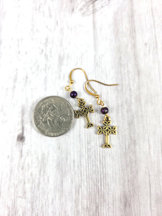 Gold Celtic Cross Dangle Earrings