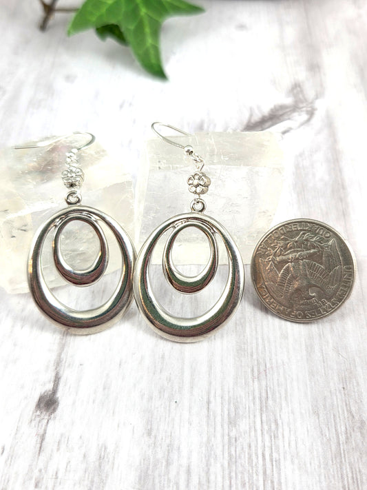 Double Oval and Flowers Silver Dangle Earrings