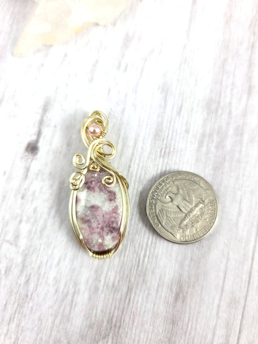 Purple and White Lepidolite Wire Wrapped Pendant