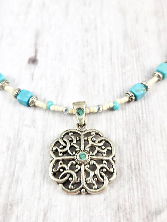 Silver, Turquoise and White Pierced Clover Pendant Necklace