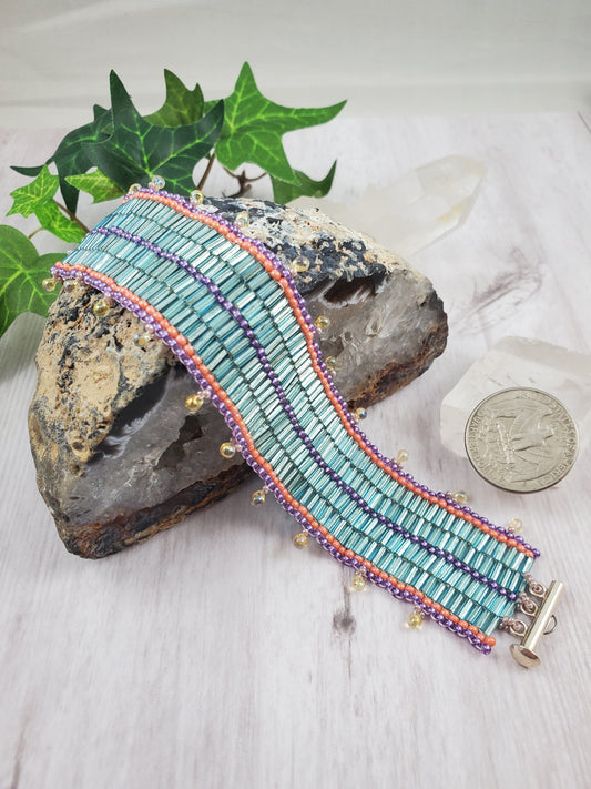 Fun Aqua Pink Purple Cuff Bracelet with Fringe