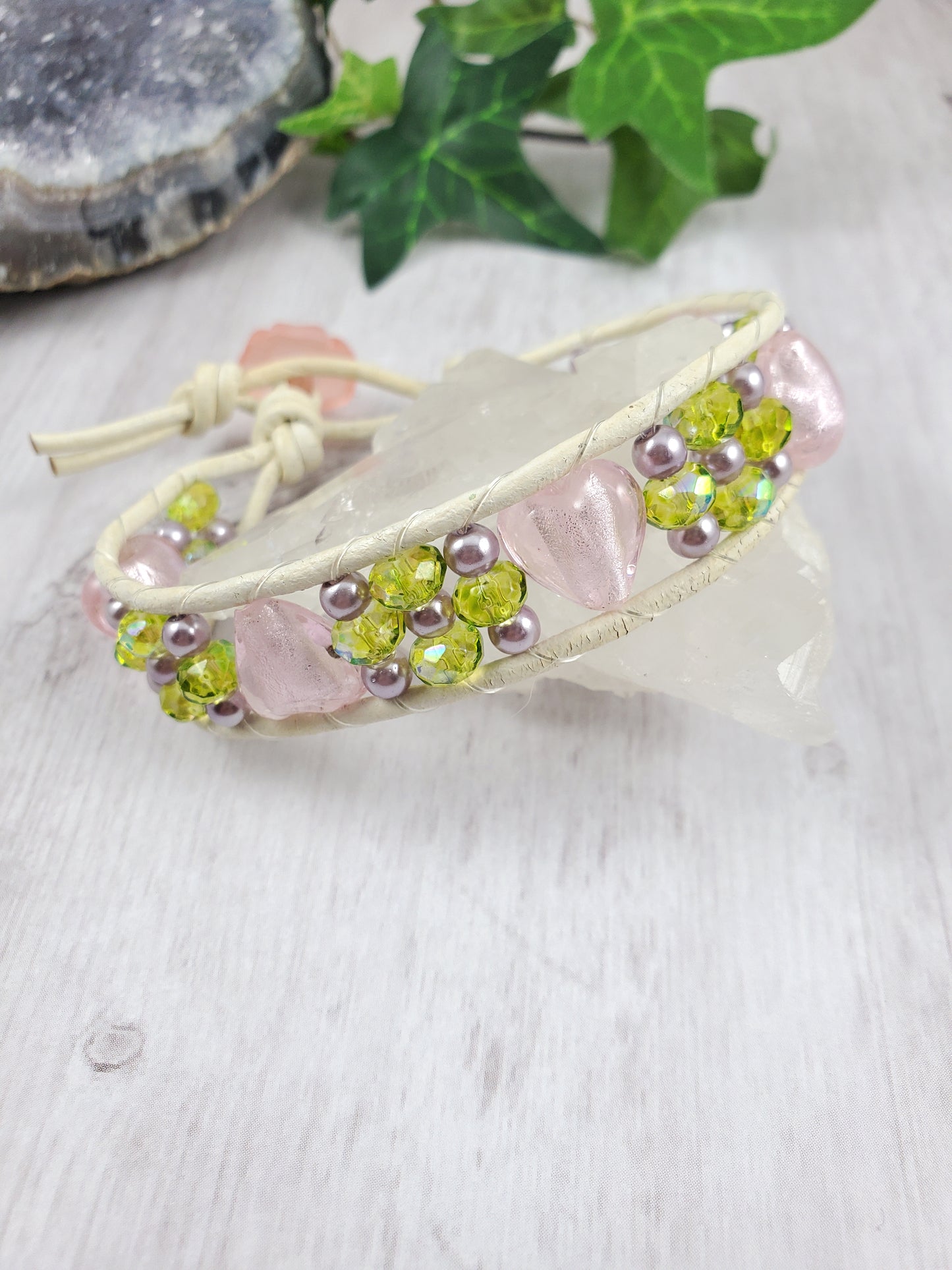 Green, Pink Heart and White Leather Wrap Bracelet