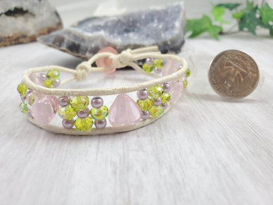 Green, Pink Heart and White Leather Wrap Bracelet