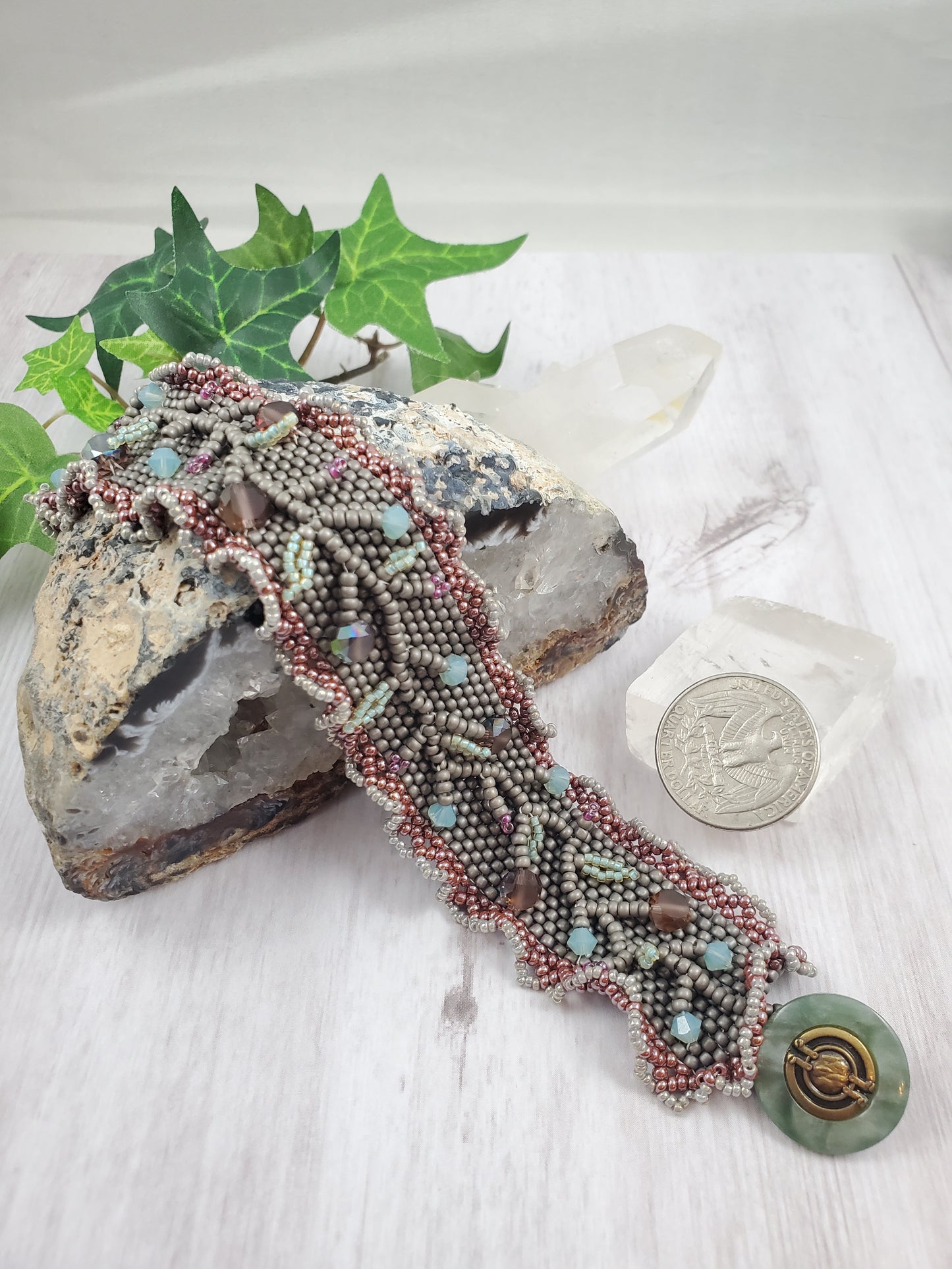 Ruffled Vine Cuff Bracelet with Swarovski Crystals & Antique Button Purple Grey Green