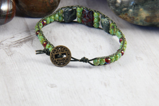 Green Rustic Kambaba Jasper and Glass Bracelet