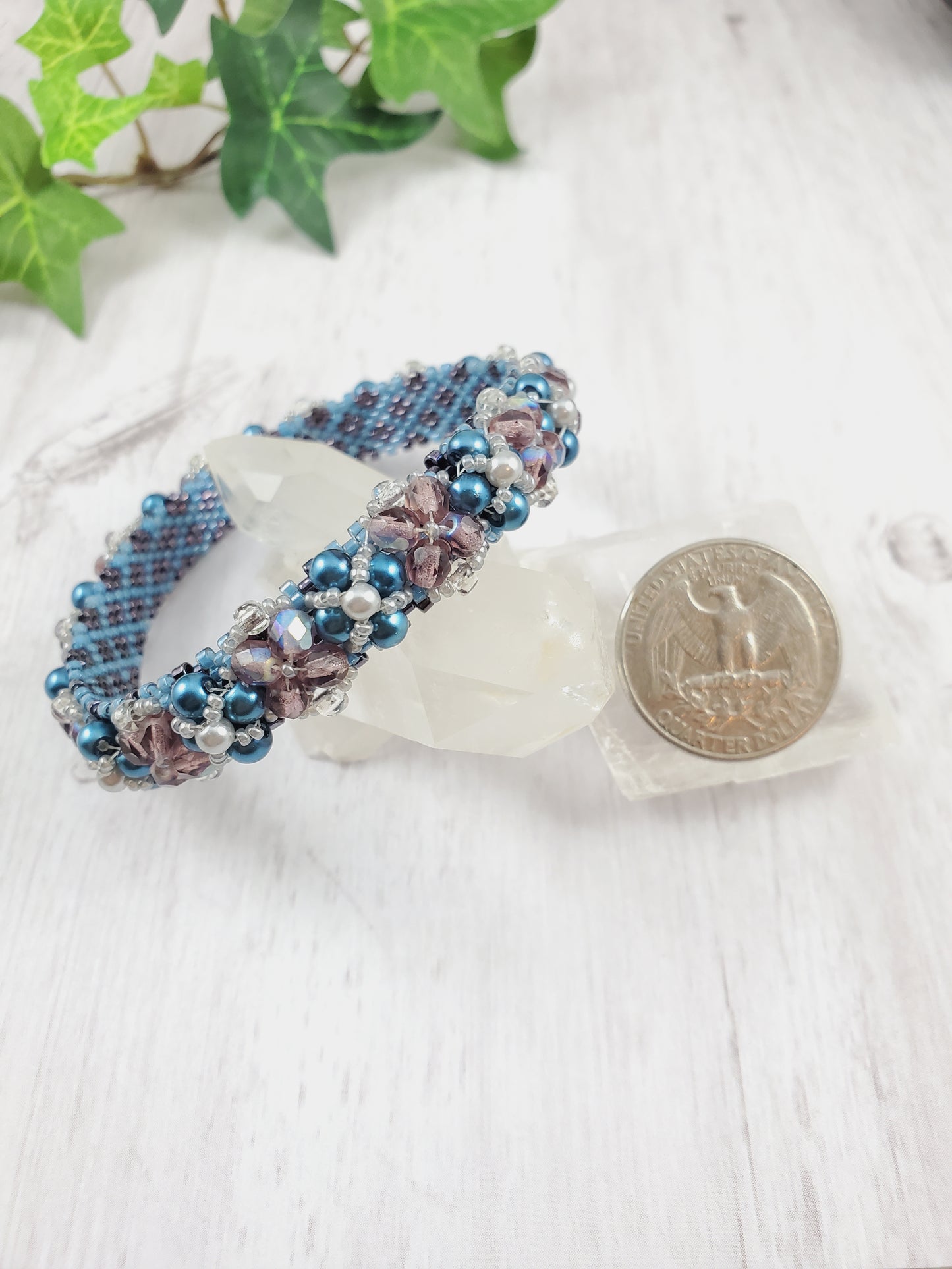 Embellished Teal, Gray & Purple Peyote Bangle