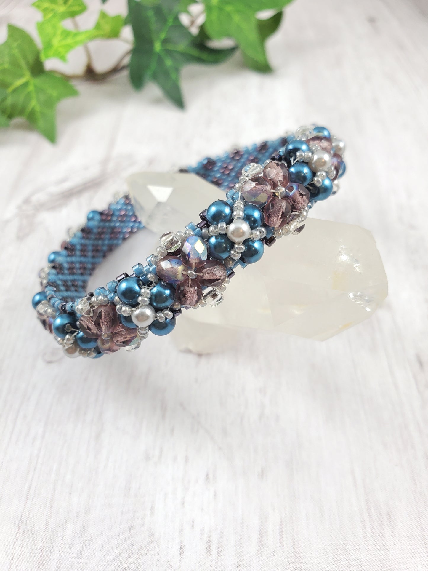 Embellished Teal, Gray & Purple Peyote Bangle
