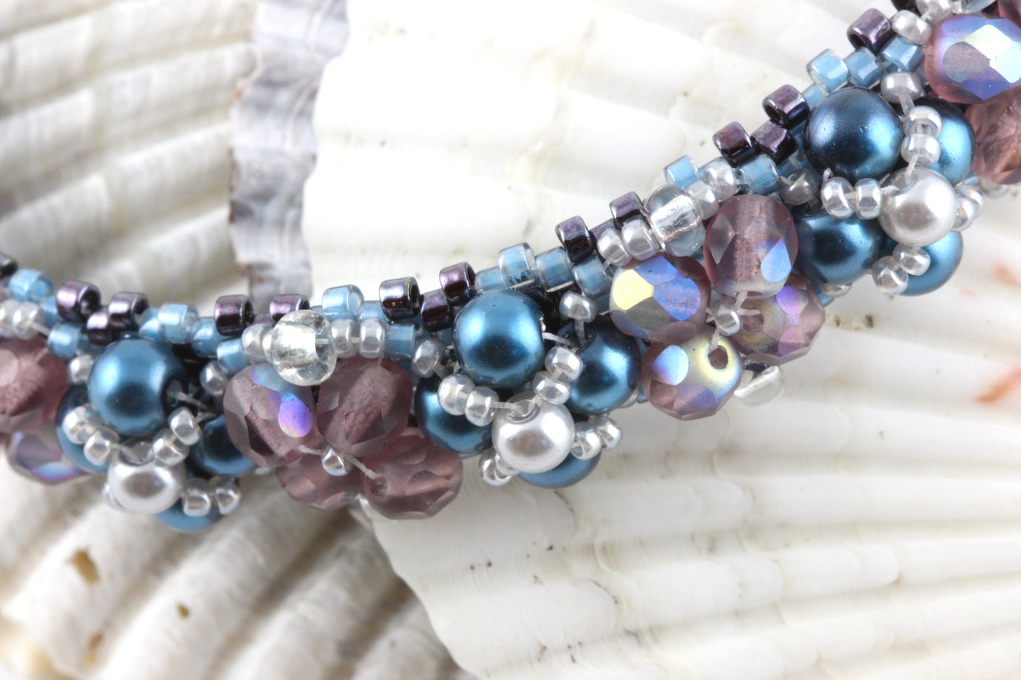 Embellished Teal, Gray & Purple Peyote Bangle