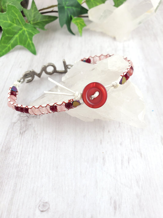 Red, Pink and white Love Leather Wrap Bracelet
