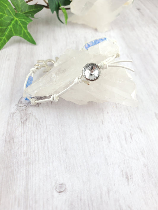 Blue and White Peace Leather Wrap Bracelet with Dove Charm