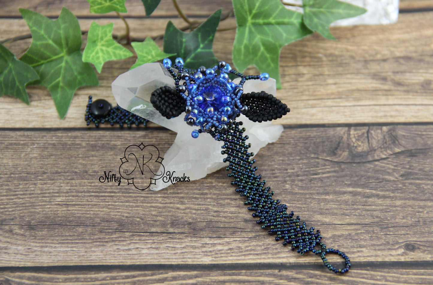 Blue and Black Flower Trellis Woven Bracelet