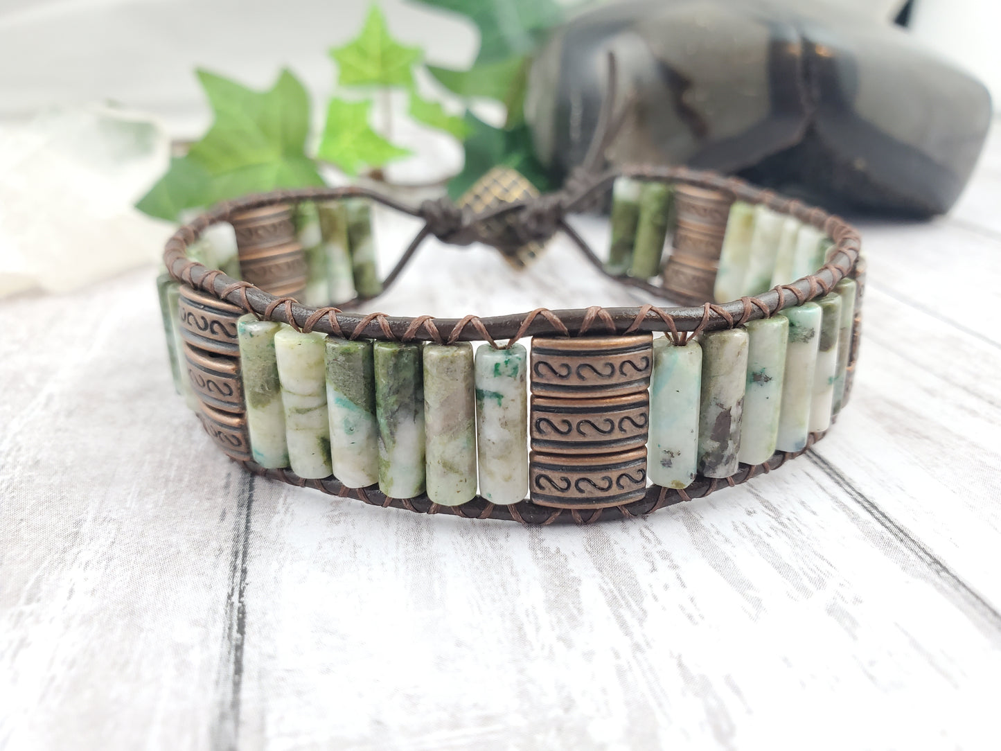 Green, Brown, Antique Gold Boho Leather Wrap Bracelet