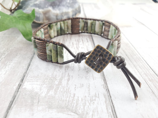 Green, Brown, Antique Gold Boho Leather Wrap Bracelet