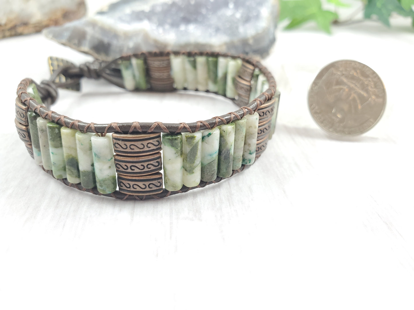 Green, Brown, Antique Gold Boho Leather Wrap Bracelet
