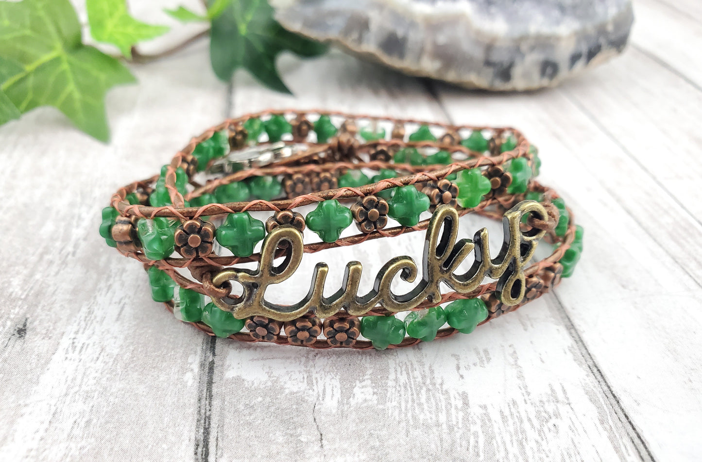 Green and Brown Four Leaf Clover 'Lucky' Triple Leather Wrap Bracelet