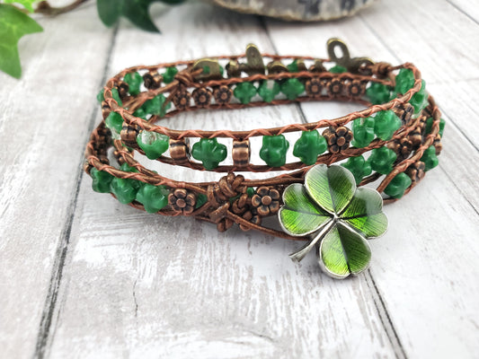 Green and Brown Four Leaf Clover 'Lucky' Triple Leather Wrap Bracelet