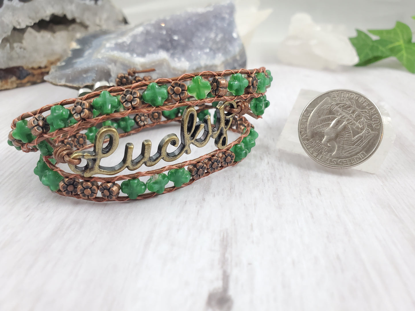 Green and Brown Four Leaf Clover 'Lucky' Triple Leather Wrap Bracelet