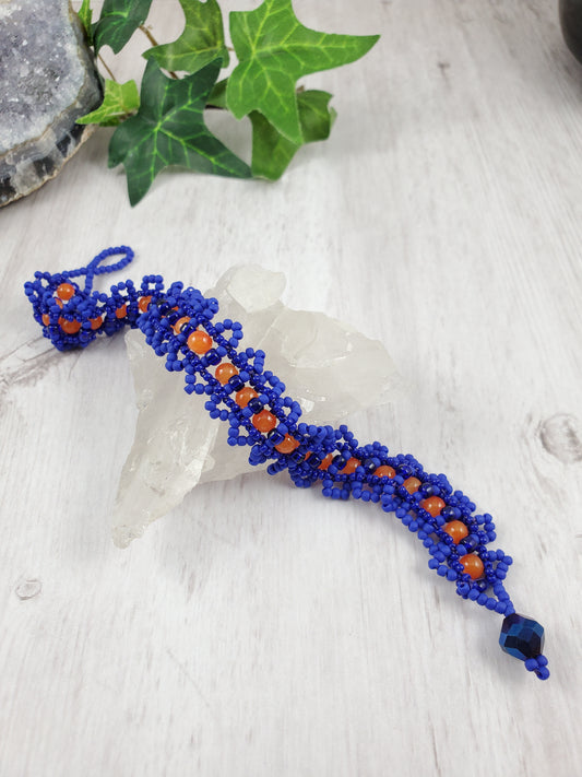 Cobalt Blue and Orange Woven Victorian Lace Bracelet