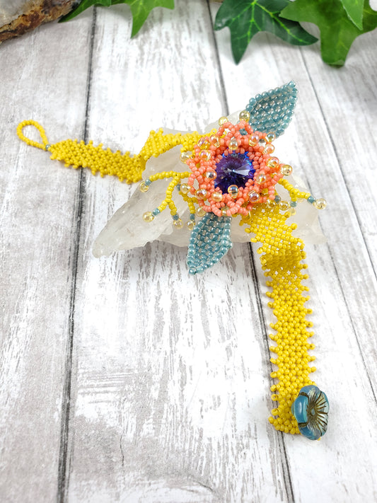 Coral, Yellow and Blue Flower Trellis Woven Bracelet