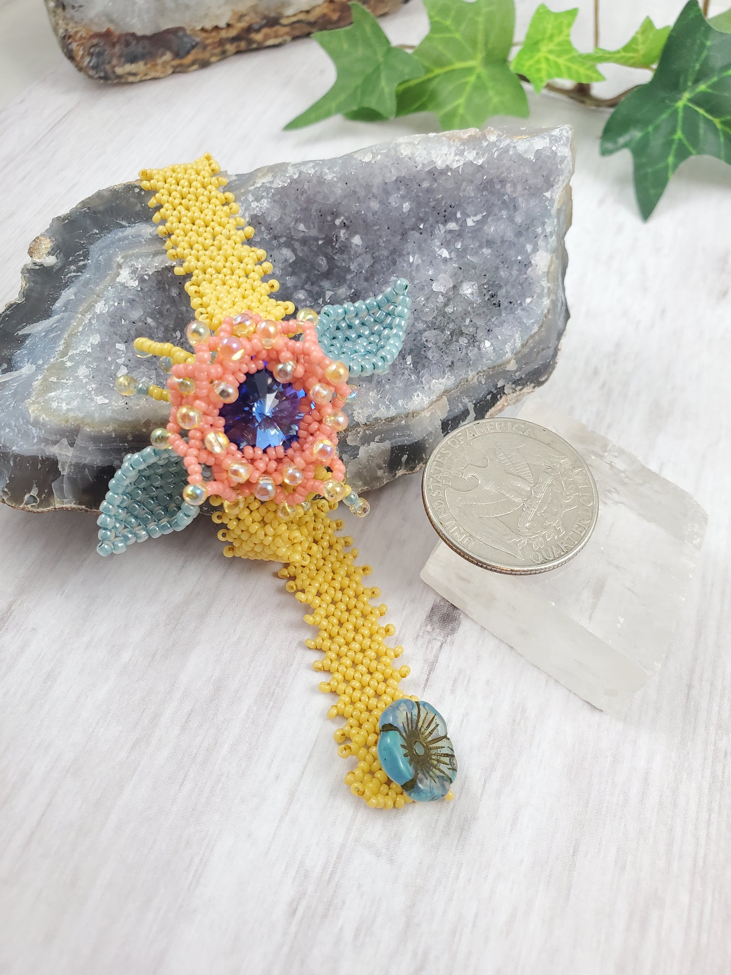 Coral, Yellow and Blue Flower Trellis Woven Bracelet