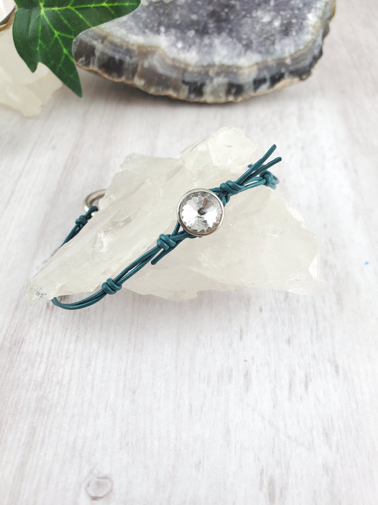 Silver and Teal Simple Leather Bracelet