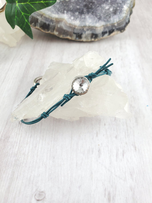 Silver and Teal Simple Leather Bracelet