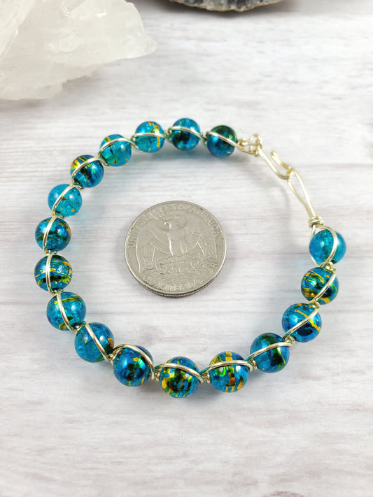 Teal and Gold Wire Wrapped Bracelet