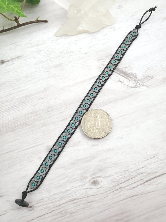 Goth Hematite and Turquoise Flower Leather Bracelet