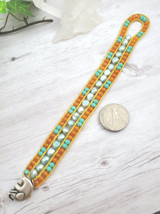 Elephant Cuff Bracelet with Aqua Freshwater Pearls