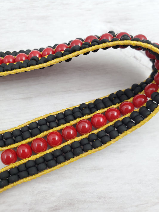 Burgundy and Gold Football Team Theme Leather Cuff Bracelet