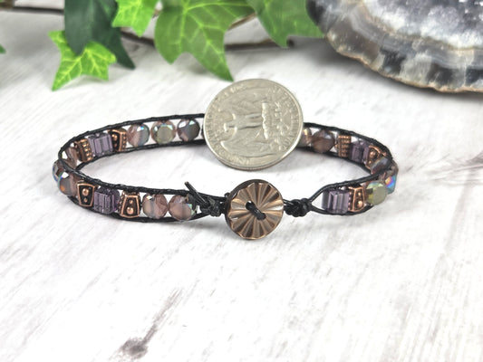 Purple Glass and Copper Leather Wrap Bracelet