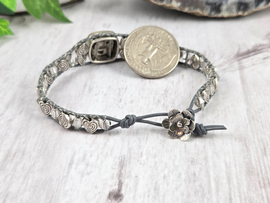 Grey and Silver Hearts Leather Wrap Bracelet with Vintage Glass