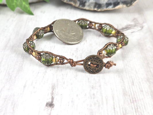 Wavy Green, Brown, Yellow Cathedral Bead Leather Wrap Bracelet